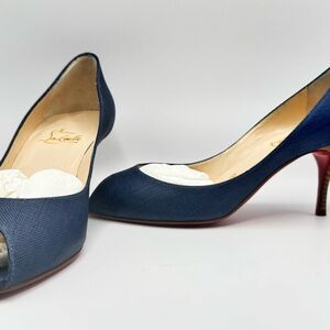 Christian Louboutin Materna Blue Fabric Peep Toe Heels EU 38.5 Red Sole Pumps